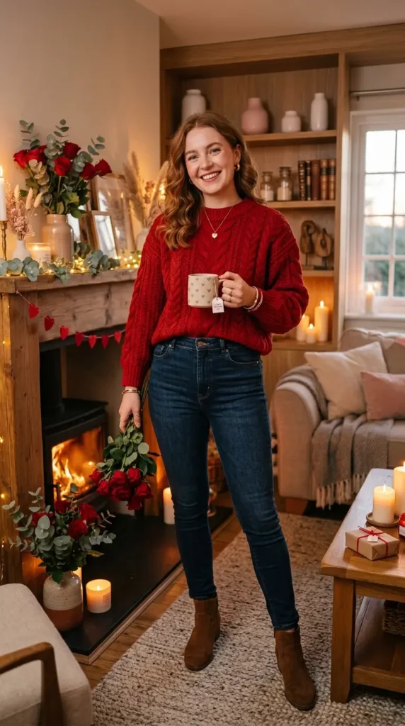15 Romantic Valentine's Day Sweater Outfits for Cozy Style 2 red-cable-knit-sweater-with-skinny-jeans