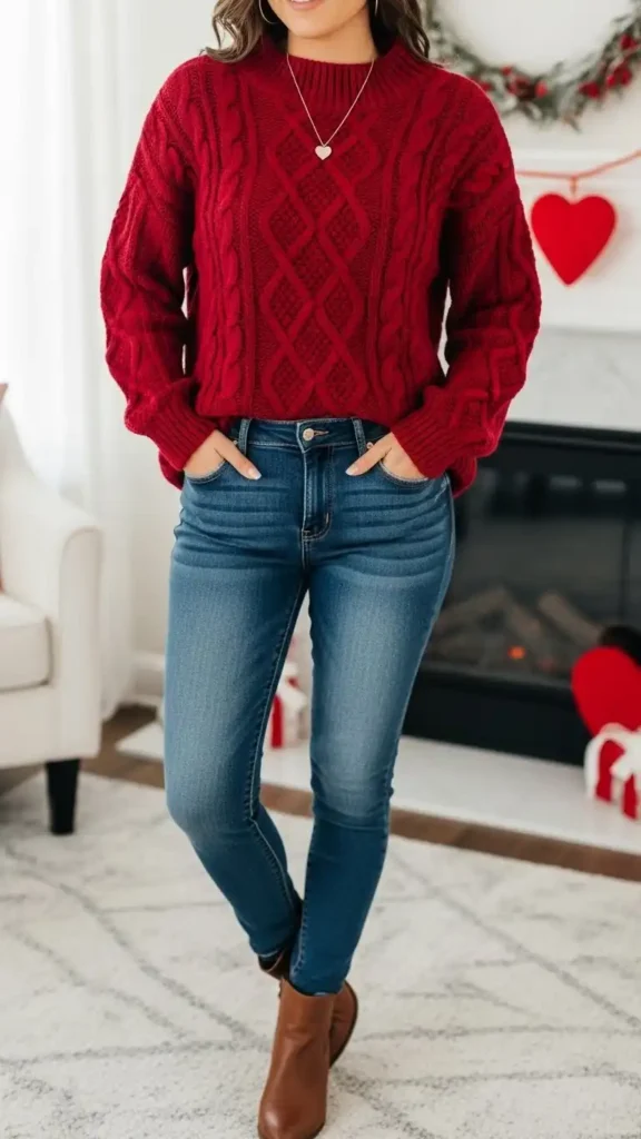 red-cable-knit-sweater-with-skinny-jeans