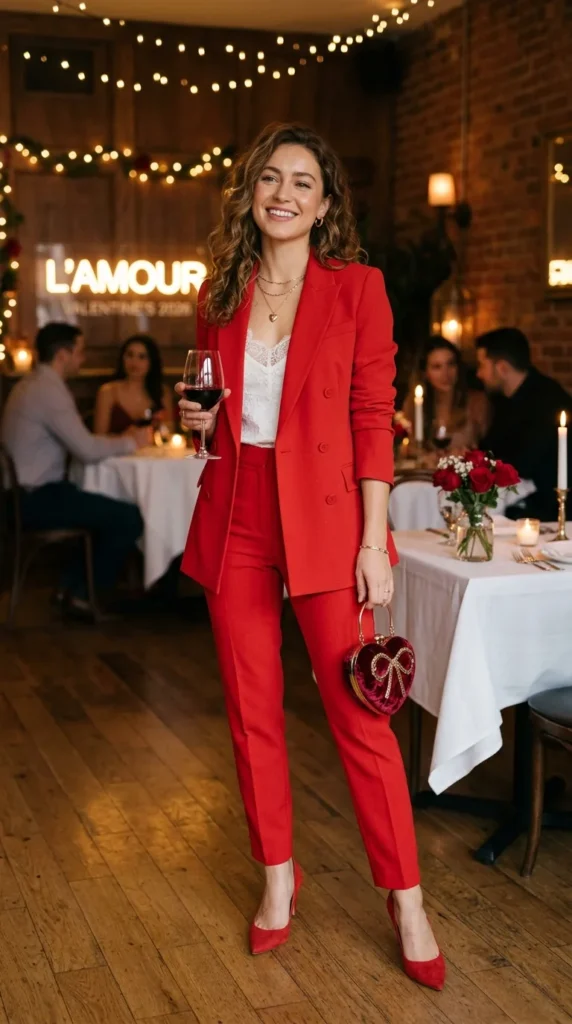 17 Cute Valentine’s Date Night Outfits for Women to Try This Year 15 red-pantsuit