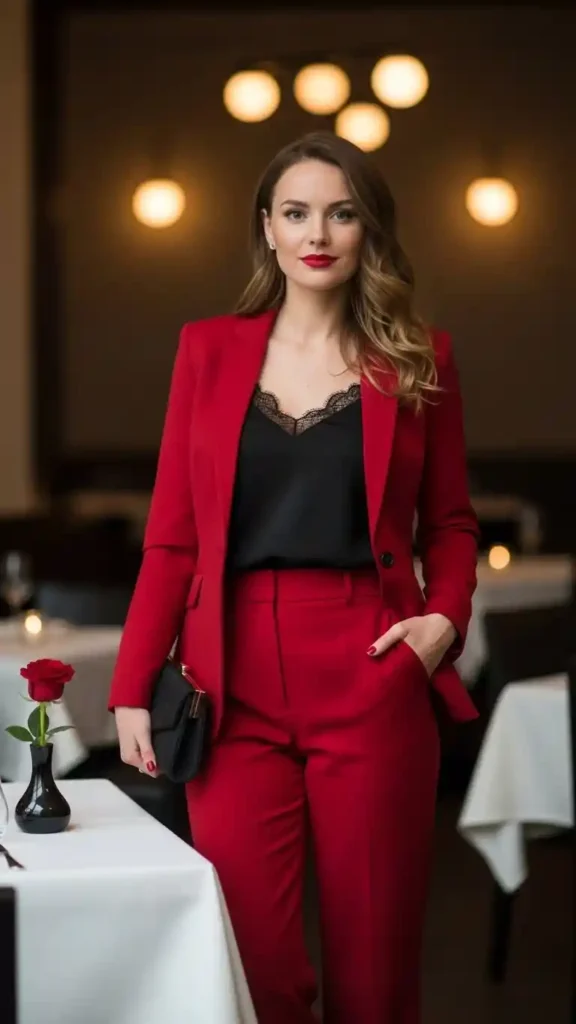16+ Cute Valentine’s Date Night Outfits for Women to Try This Year 15 red-pantsuit