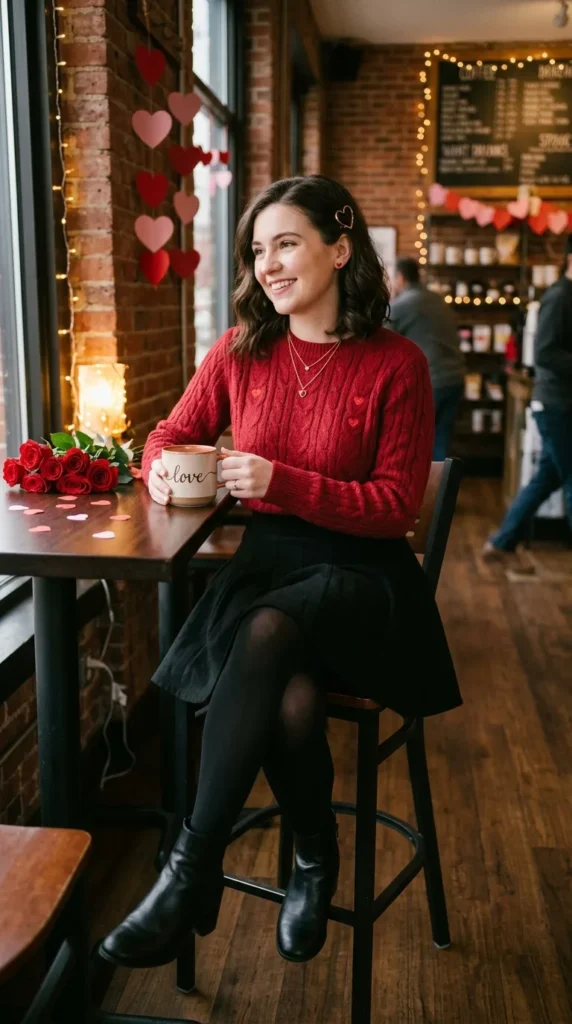 15 Romantic Valentine's Day Sweater Outfits for Cozy Style 12 red-sweater-with-black-skater-skirt