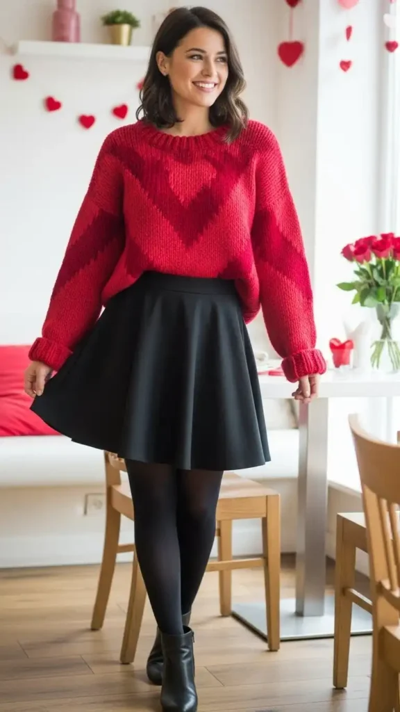 red-sweater-with-black-skater-skirt