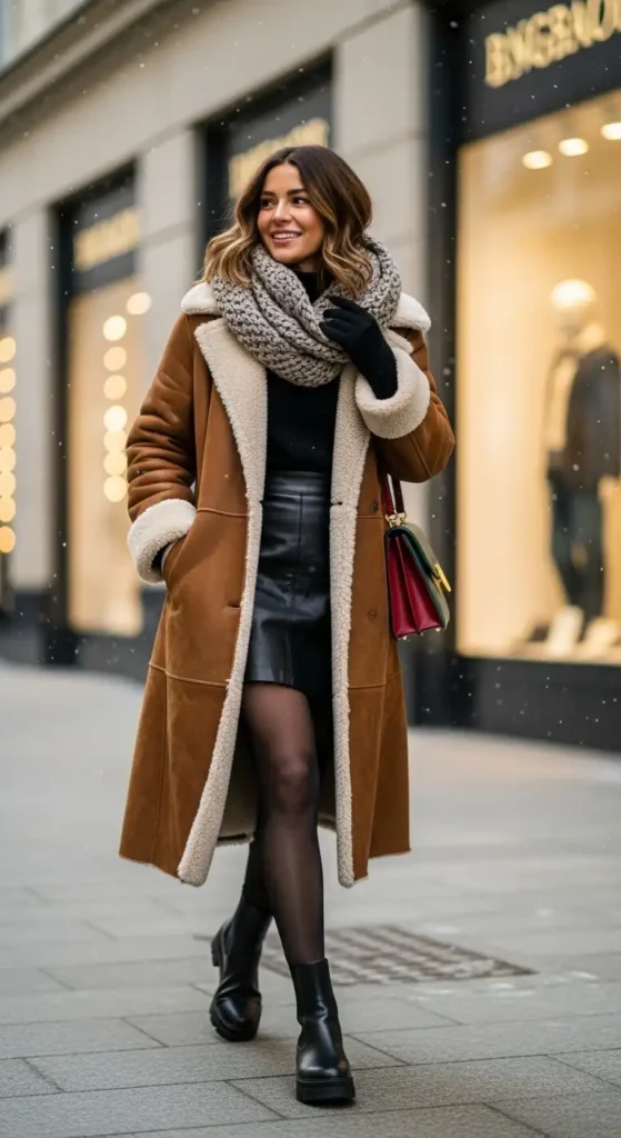 16 Winter Outfit Ideas With Long Coats To Elevate Your Look 6 shearling-coat-with-mini-skirt