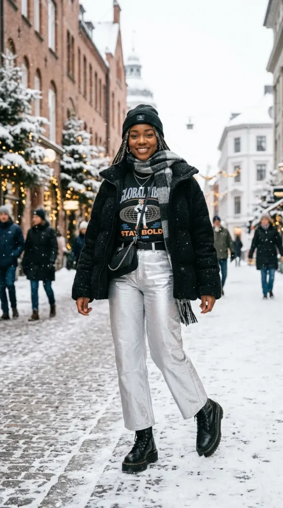 silver-metallic-pants-graphic-tee