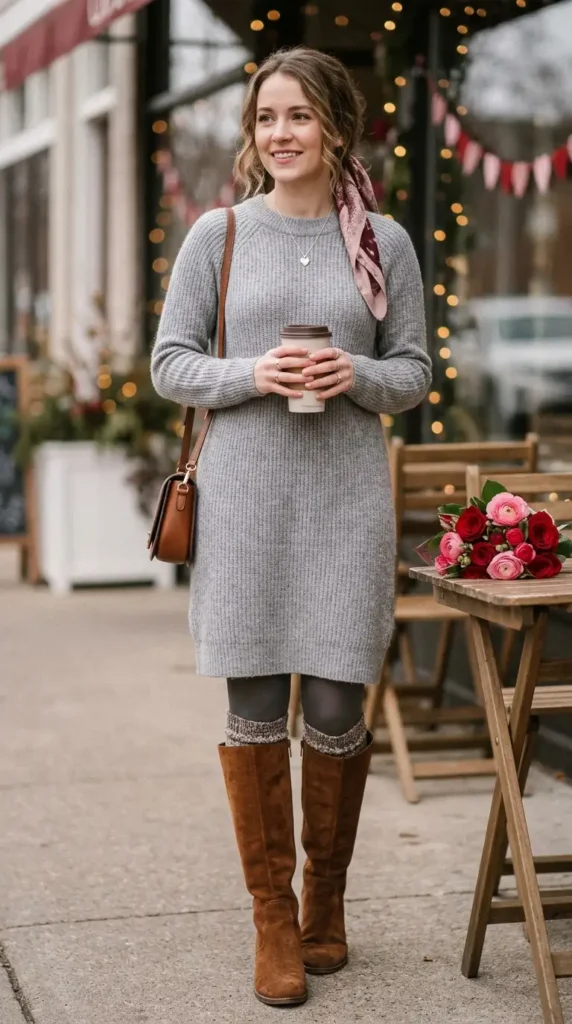 15 Romantic Valentine's Day Sweater Outfits for Cozy Style 7 soft-gray-sweater-dress-with-knee-high-boots