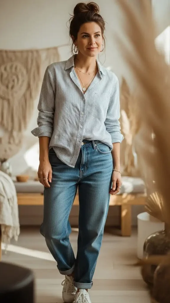 striped-button-down-and-baggy-jeans