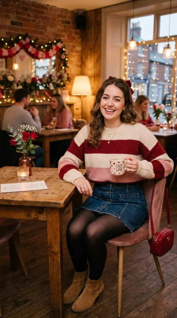 15 Romantic Valentine's Day Sweater Outfits for Cozy Style 13 striped-sweater-with-denim-skirt