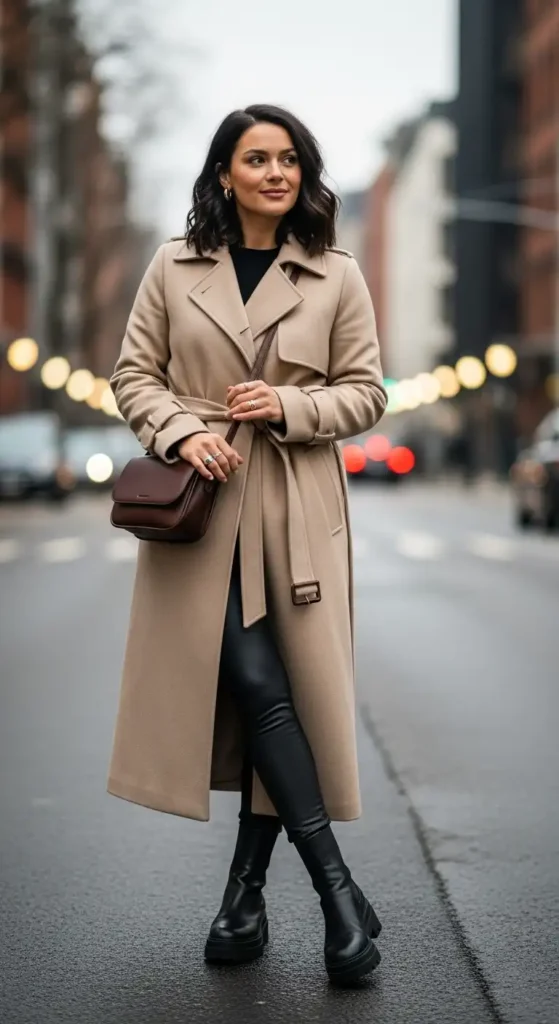16 Winter Outfit Ideas With Long Coats To Elevate Your Look 5 trench-coat-and-leggings-combo