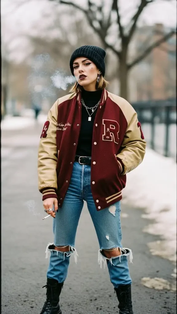 15 Cold Winter Outfits for Baddies to Plan a Chic Outfit 12 varsity-jacket-nostalgia