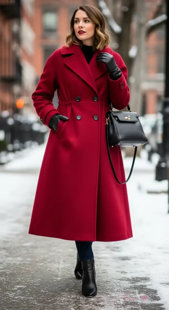 16 Winter Outfit Ideas With Long Coats To Elevate Your Look 17 vibrant-red-or-green-statement-coat