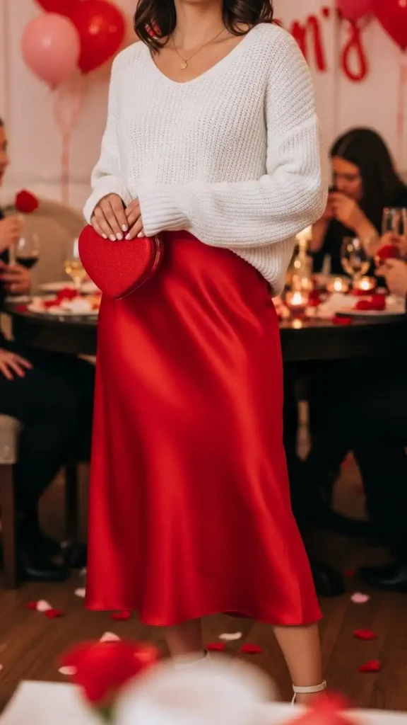 white-sweater-with-red-satin-skirt