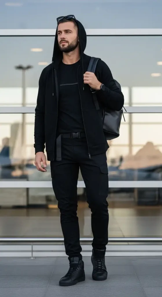 20 Airport Outfit Ideas for Men to Try Today That Keep You Stylish and Comfortable 4 all-black-travel-look