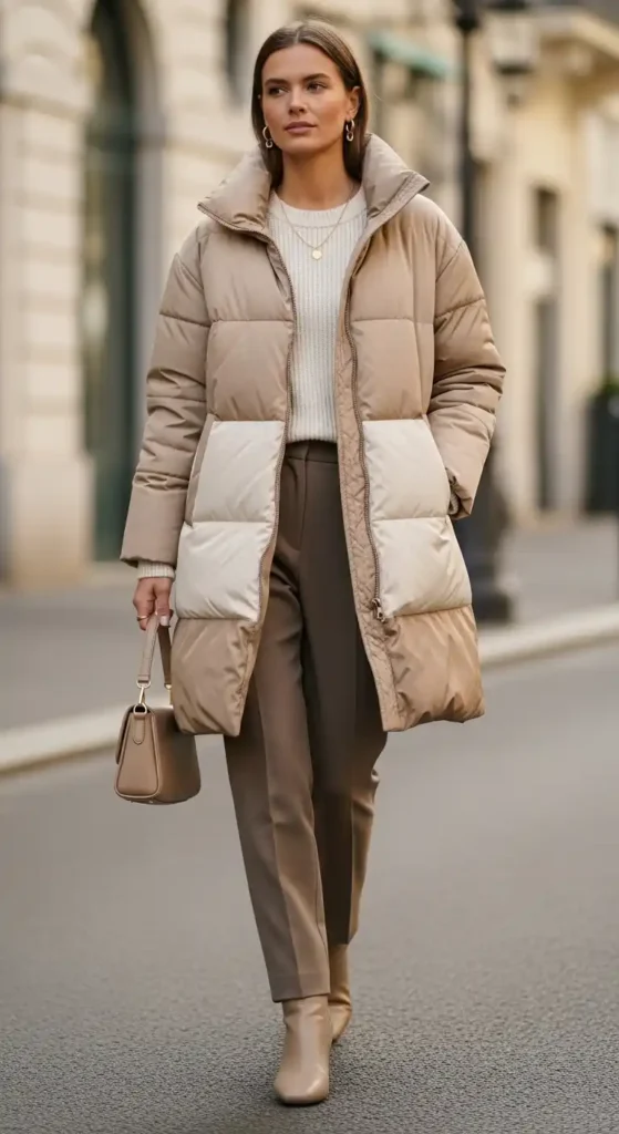 15 Trendy European Fashion Outfits to Upgrade Your Wardrobe 10 beige-puffer-coat-with-coordinated-tones
