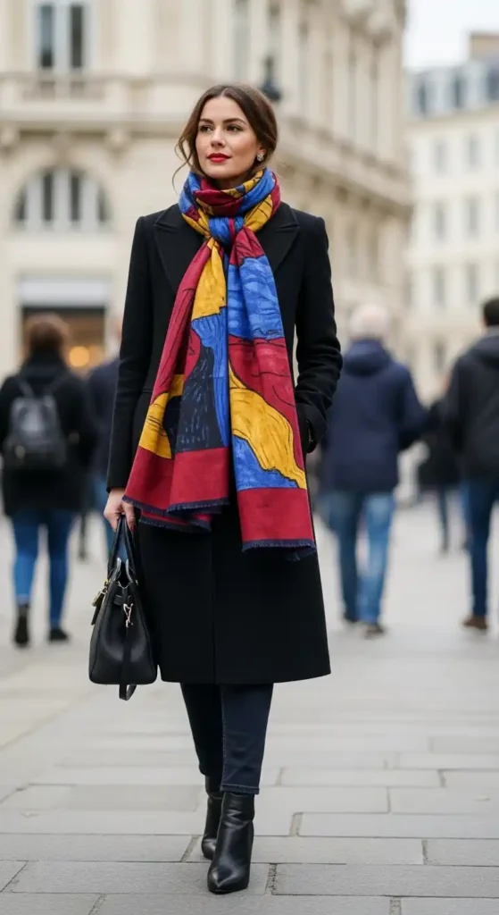 15 Trendy European Fashion Outfits to Upgrade Your Wardrobe 17 black-coat-styled-with-statement-scarf