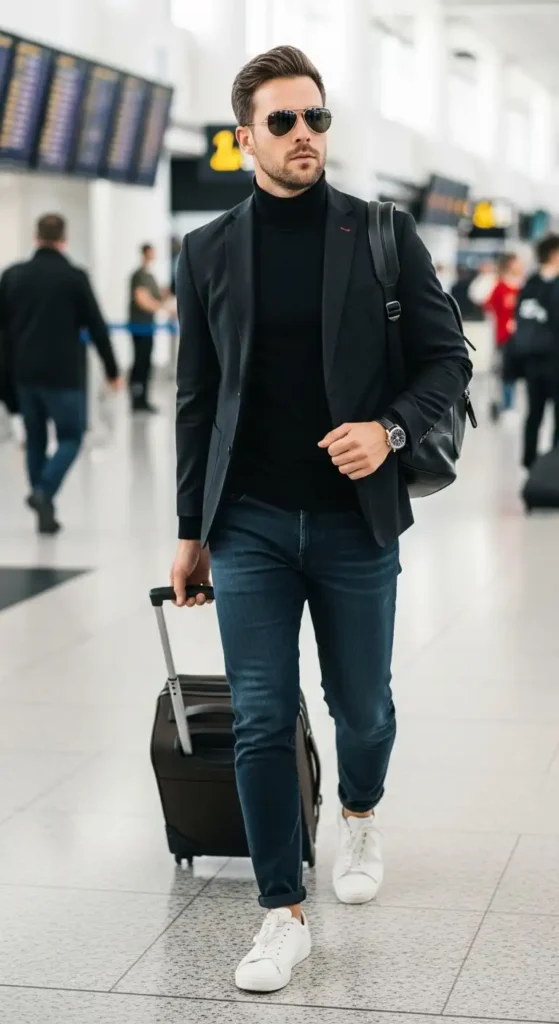 20 Airport Outfit Ideas for Men to Try Today That Keep You Stylish and Comfortable 11 blazer-over-turtleneck