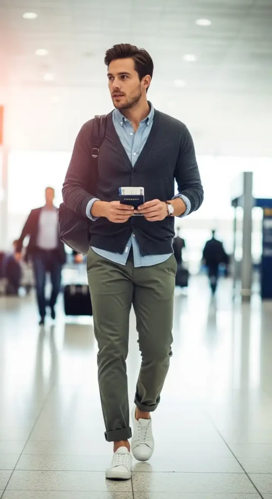 20 Airport Outfit Ideas for Men to Try Today That Keep You Stylish and Comfortable 13 cardigan-and-chinos