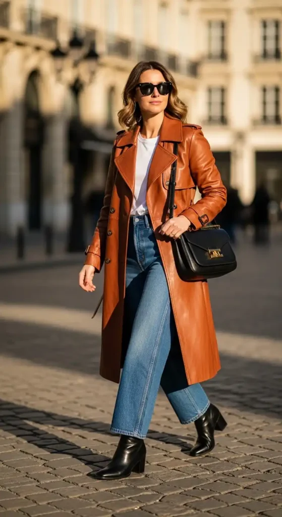 15 Trendy European Fashion Outfits to Upgrade Your Wardrobe 2 cognac-leather-trench-with-wide-leg-jeans