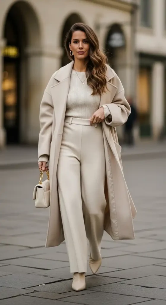 15 Trendy European Fashion Outfits to Upgrade Your Wardrobe 15 cream-knit-set-with-oversized-coat