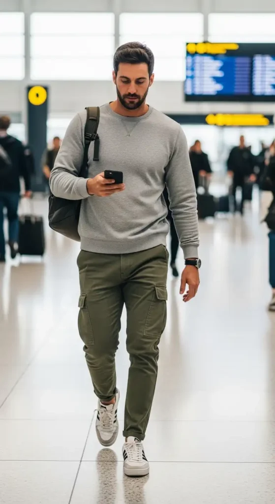 20 Airport Outfit Ideas for Men to Try Today That Keep You Stylish and Comfortable 6 crewneck-sweatshirt-and-cargo-pants