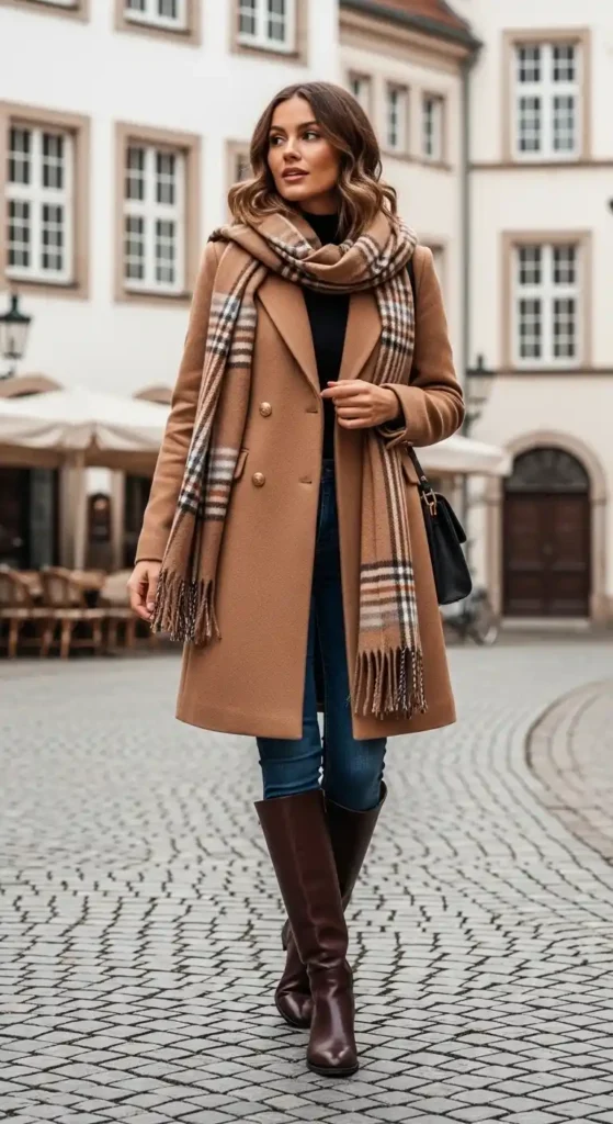 15 Trendy European Fashion Outfits to Upgrade Your Wardrobe 11 double-breasted-coat-with-scarf-and-riding-boots
