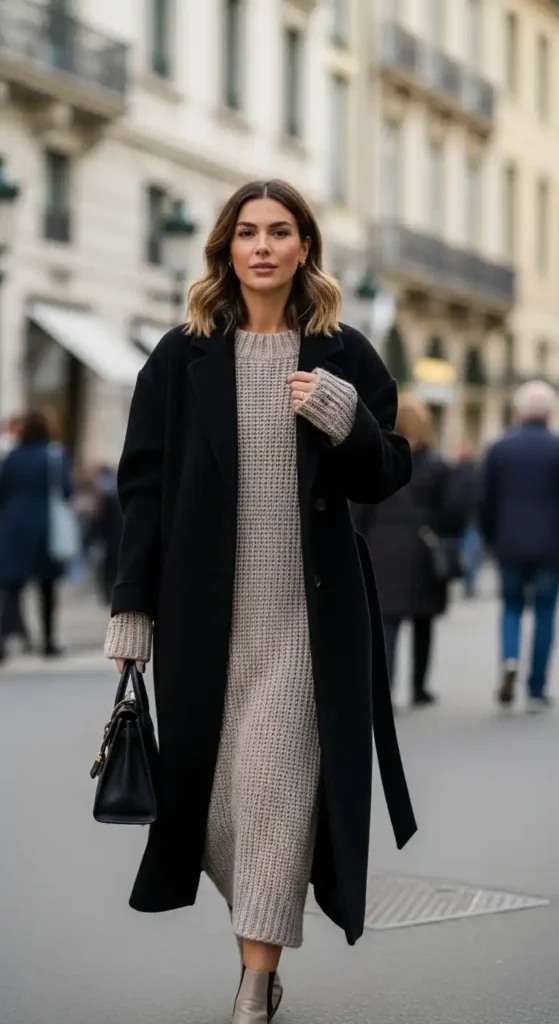 15 Trendy European Fashion Outfits to Upgrade Your Wardrobe 12 elegant-black-coat-with-chunky-knit-dress