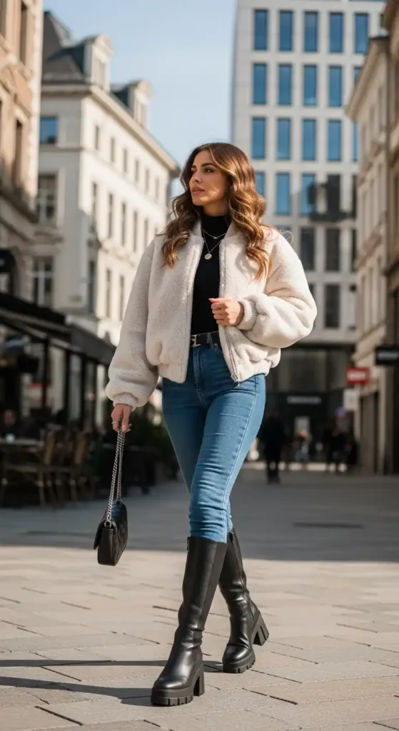15 Trendy European Fashion Outfits to Upgrade Your Wardrobe 18 fluffy-cream-jacket-with-platform-boots