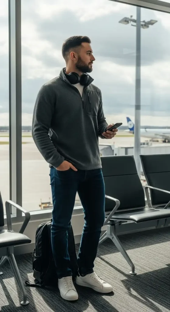 20 Airport Outfit Ideas for Men to Try Today That Keep You Stylish and Comfortable 15 half-zip-fleece-and-slim-jeans