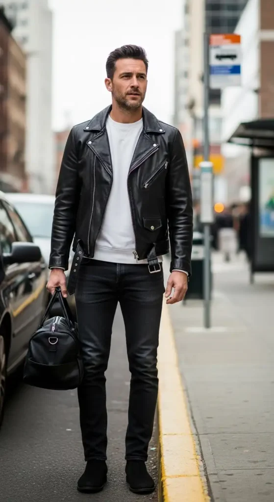 20 Airport Outfit Ideas for Men to Try Today That Keep You Stylish and Comfortable 12 leather-jacket-with-stretch-jeans
