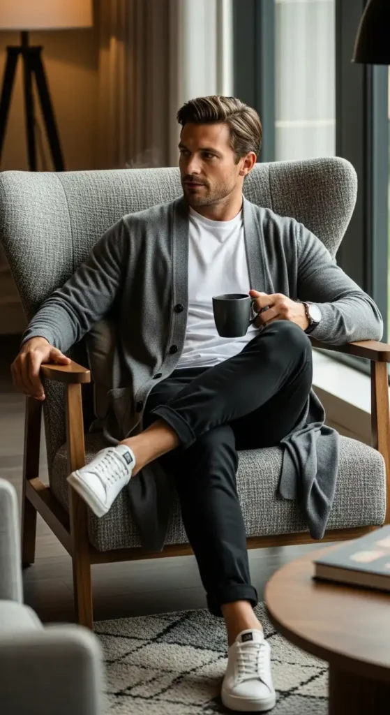 20 Airport Outfit Ideas for Men to Try Today That Keep You Stylish and Comfortable 21 longline-cardigan-with-tee-and-slim-pants