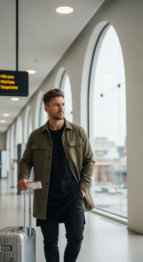 20 Airport Outfit Ideas for Men to Try Today That Keep You Stylish and Comfortable 17 longline-tee-with-overshirt-and-tech-pants