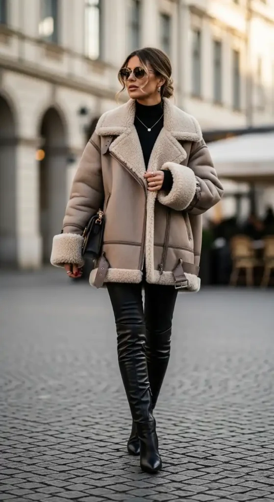 15 Trendy European Fashion Outfits to Upgrade Your Wardrobe 16 luxe-shearling-jacket-with-tall-boots