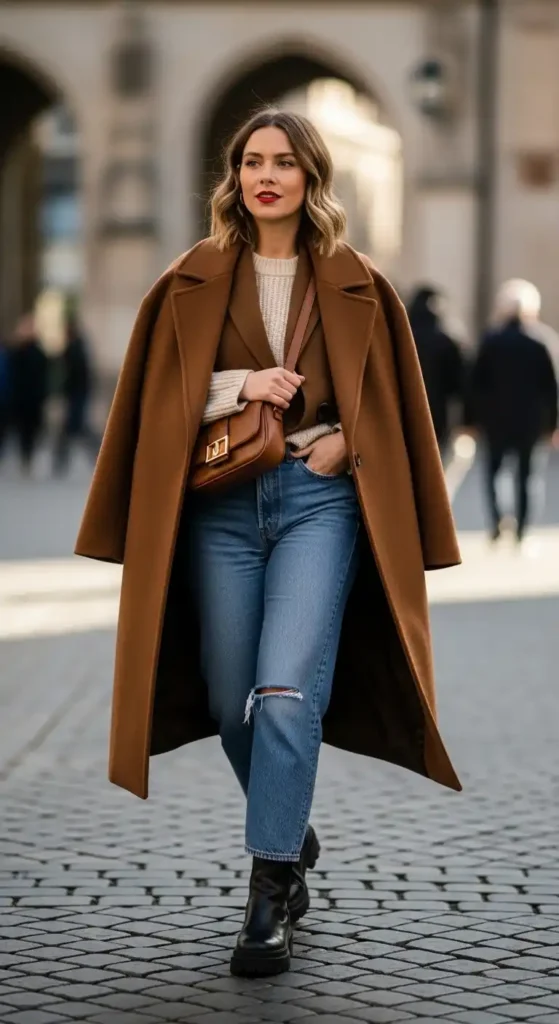 15 Trendy European Fashion Outfits to Upgrade Your Wardrobe 3 oversized-brown-coat-with-relaxed-denim