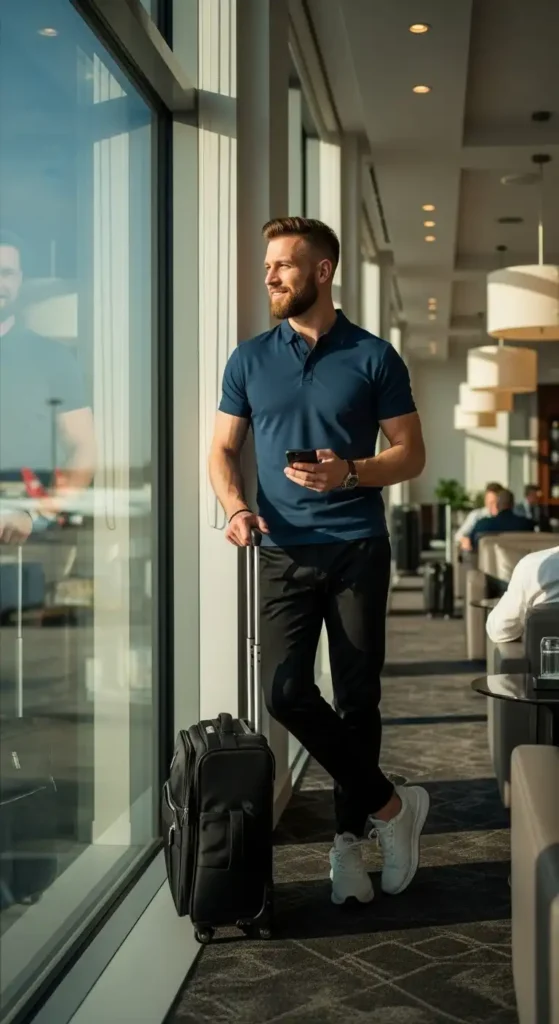 20 Airport Outfit Ideas for Men to Try Today That Keep You Stylish and Comfortable 5 polo-shirt-and-slim-joggers