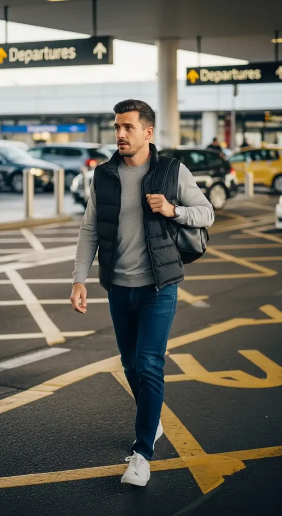 20 Airport Outfit Ideas for Men to Try Today That Keep You Stylish and Comfortable 9 puffer-vest-and-long-sleeve-tee