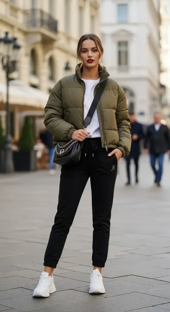 15 Trendy European Fashion Outfits to Upgrade Your Wardrobe 5 sporty-puffer-jacket-with-joggers