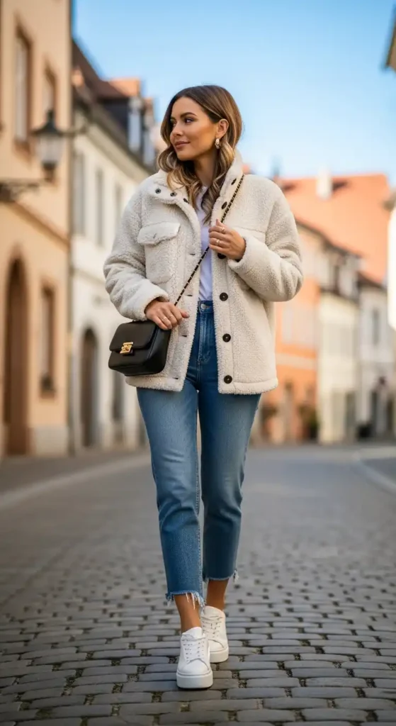 15 Trendy European Fashion Outfits to Upgrade Your Wardrobe 6 teddy-jacket-with-cropped-denim
