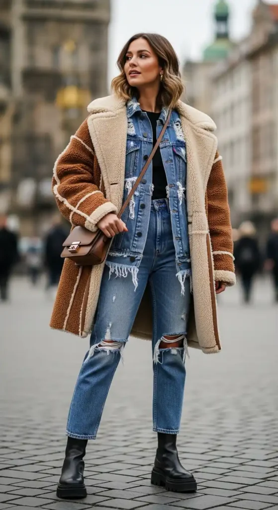 15 Trendy European Fashion Outfits to Upgrade Your Wardrobe 13 textured-shearling-coat-with-distressed-denim