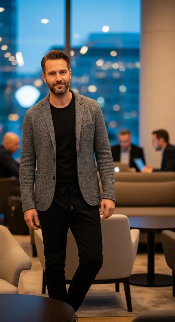 20 Airport Outfit Ideas for Men to Try Today That Keep You Stylish and Comfortable 16 travel-blazer-with-drawstring-trousers