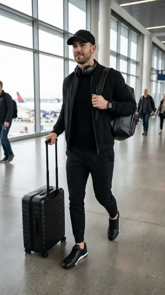 20 Airport Outfit Ideas for Men to Try Today in Style 4 all-black-travel-look