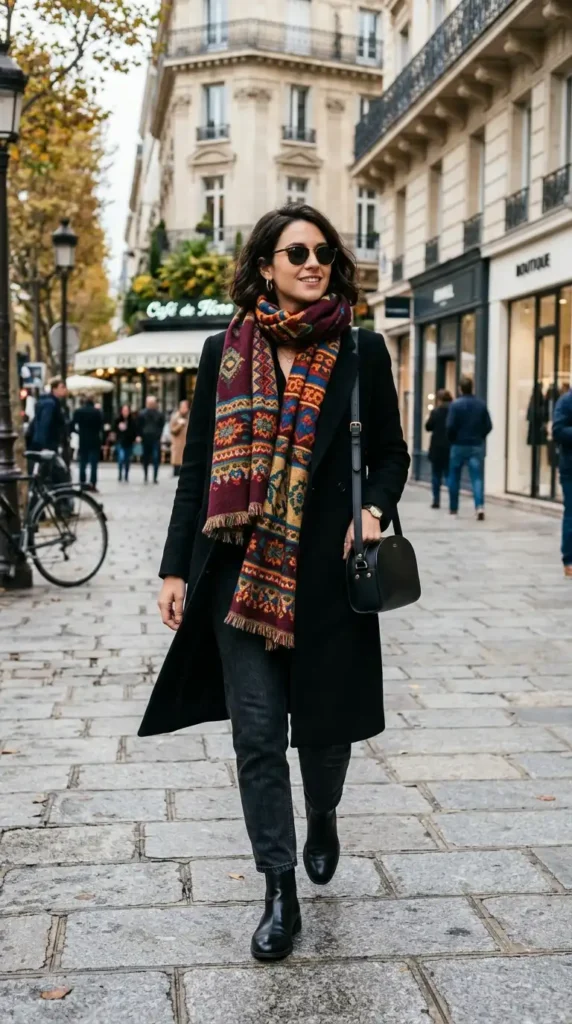 15+ Trendy European Fashion Outfits to Upgrade Your Wardrobe 17 black-coat-styled-with-statement-scarf
