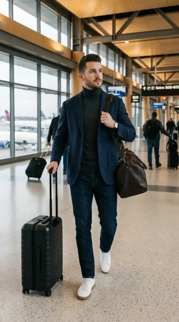 20 Airport Outfit Ideas for Men to Try Today in Style 11 blazer-over-turtleneck