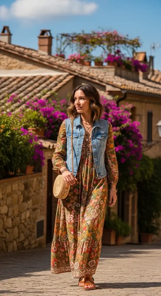 17 Chic Italy Spring Outfits Ideas Every Fashion Lover Will Adore 15 boho-maxi-dress-with-denim-vest