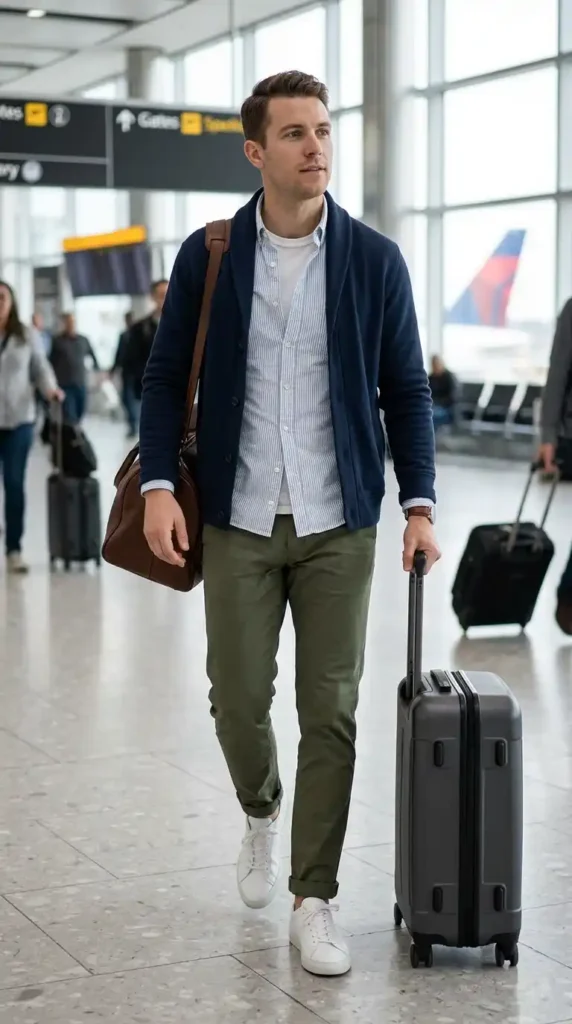 20 Airport Outfit Ideas for Men to Try Today in Style 13 cardigan-and-chinos