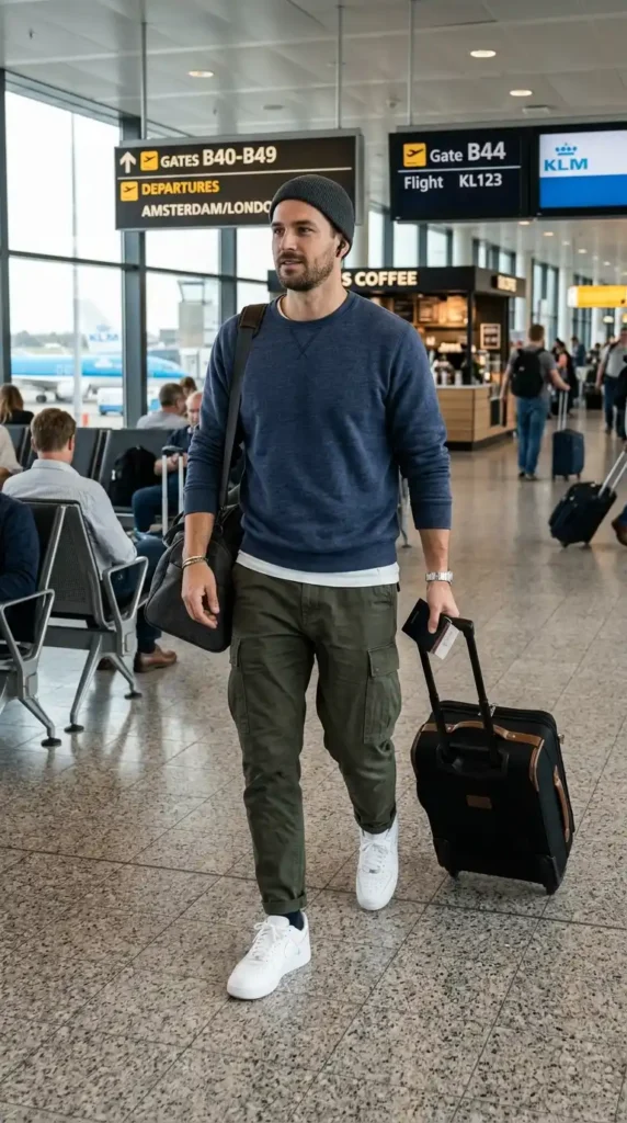 20 Airport Outfit Ideas for Men to Try Today in Style 6 cargo-trousers-with-a-casual-sweatshirt