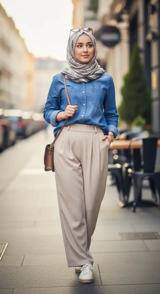 17 Trendy Casual Hijab Outfits for Modest Fashion Lovers 13 chambray-shirt-with-wide-leg-pants
