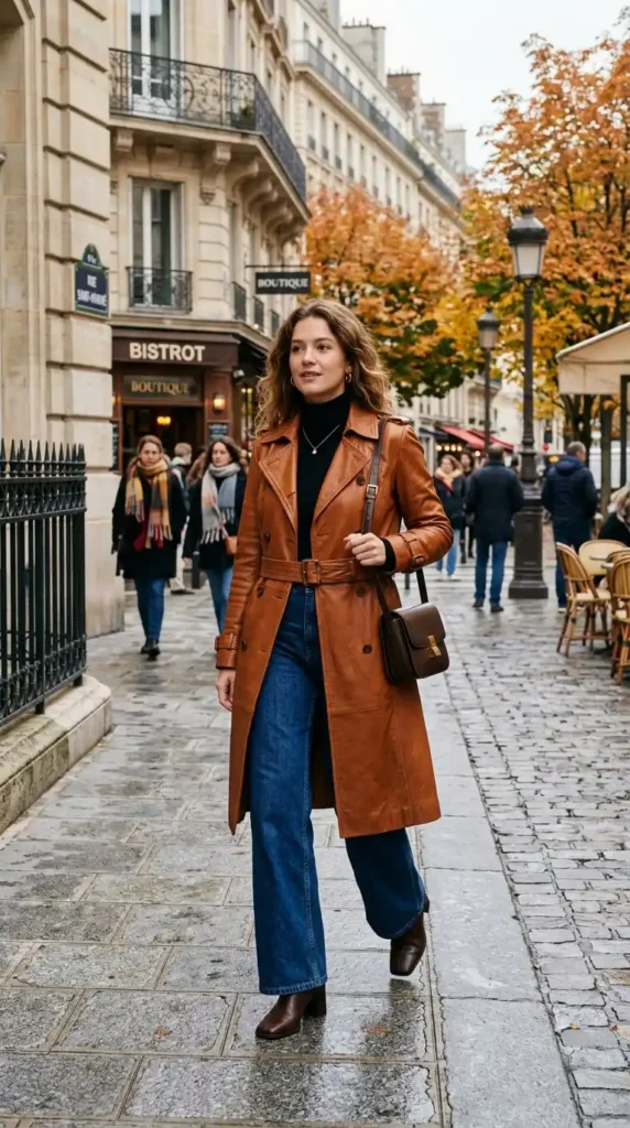 15+ Trendy European Fashion Outfits to Upgrade Your Wardrobe 2 cognac-leather-trench-with-wide-leg-jeans