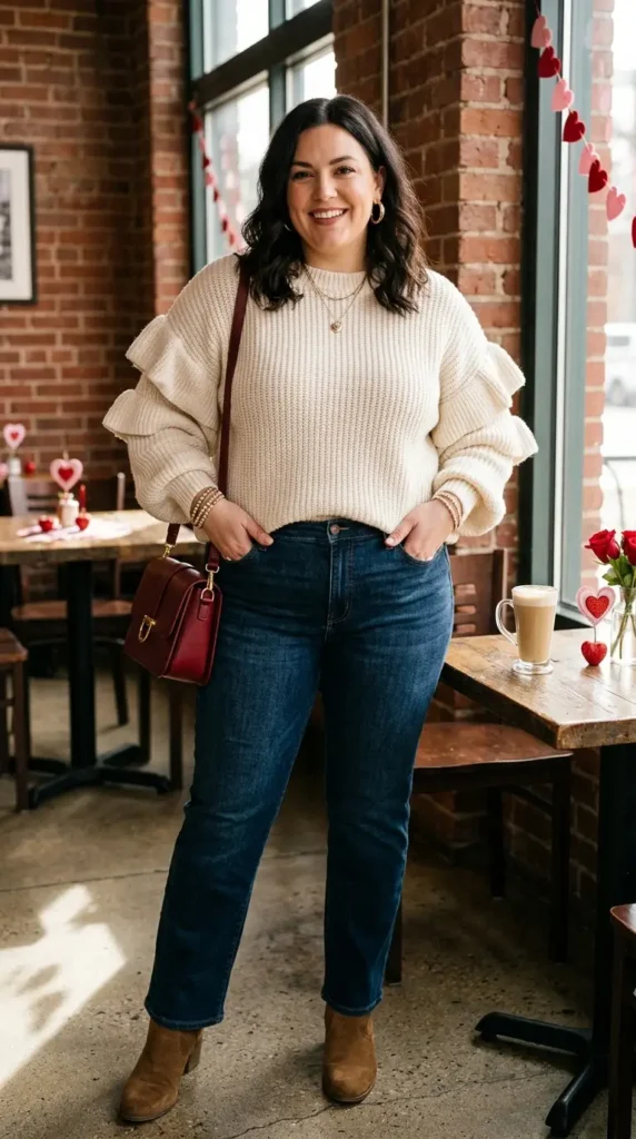 18+ Plus-Size Valentine’s Day Outfits to Feel Confident and Stunning 10 cream-knit-sweater-with-ruffle-sleeves