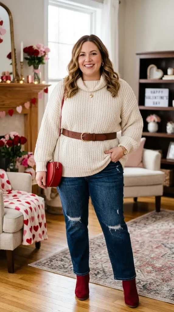 18+ Plus-Size Valentine’s Day Outfits to Feel Confident and Stunning 18 cream-oversized-sweater-with-belt
