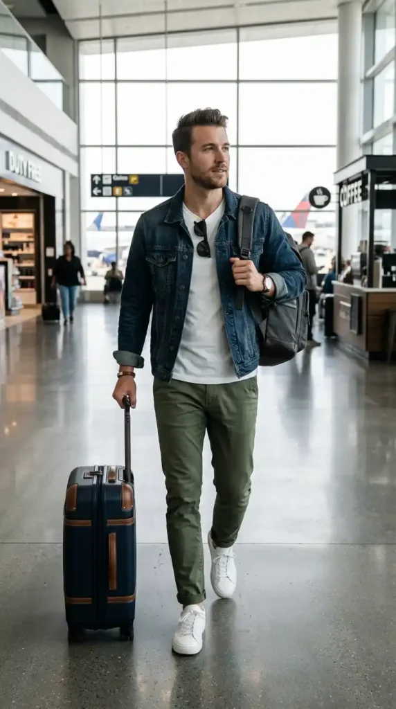 20 Airport Outfit Ideas for Men to Try Today in Style 3 denim-jacket-and-tee-combo