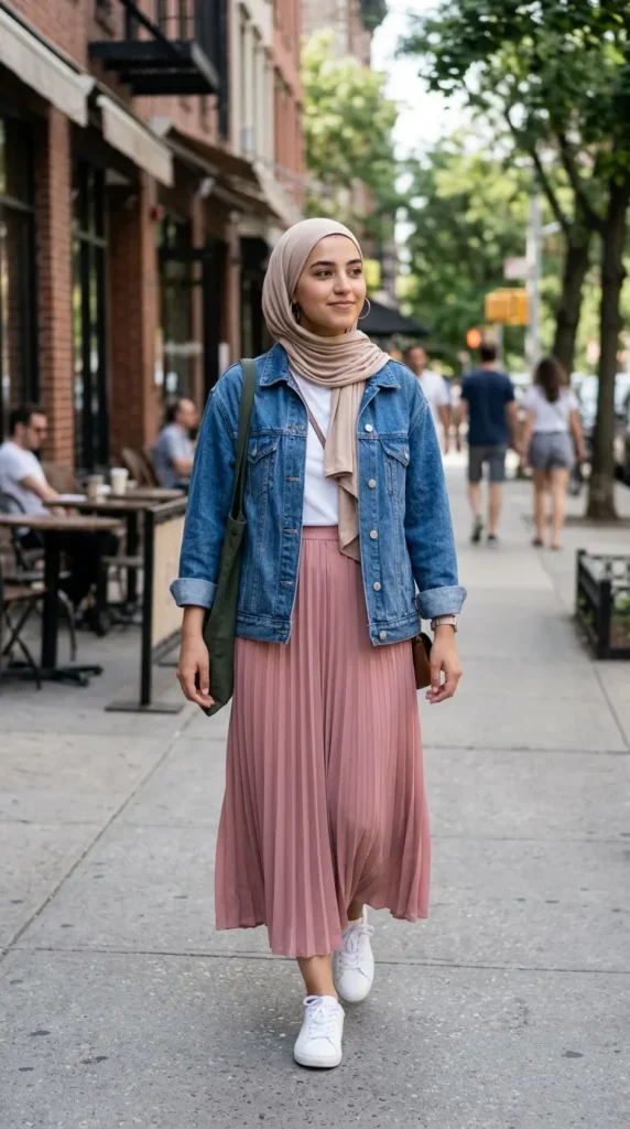 denim-jacket-with-pleated-skirt